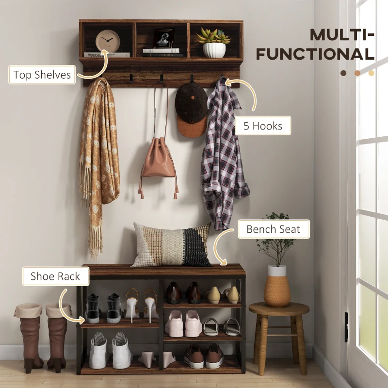 HOMCOM Hall Tree with Bench and Shoe Storage, 2-in-1 Entryway Storage Set with Shoe Bench and Coat Rack for Hallway