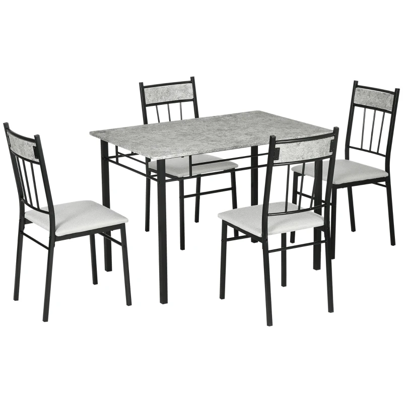 HOMCOM 5 Pieces Diner Tables Dining Room Sets for 4 People with Marble Effect Tabletop Padded Chairs and Metal Frame Grey