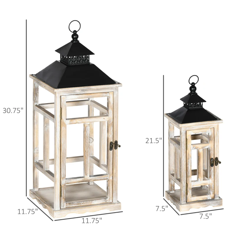 HOMCOM 2 Pack 30"/21" Large Fine Woodworking Decorative Lantern, Metal Hanging Wooden Indoor Covered Outdoor Lantern for Home Décor (No Glass), Black and Natural Wood Faded Colour