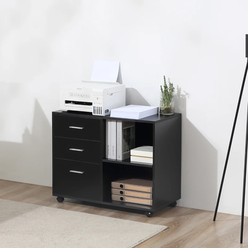 HOMCOM 3 Drawer Printer Stand, Mobile Office Cabinet with 2 Storage Shelves for Home Office, Black