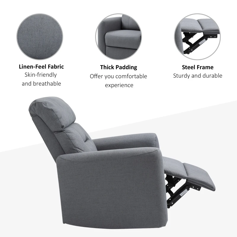 HOMCOM Manual Recliner Swivel Rocker Chair Theater Chair Single Sofa with Linen Fabric for Living Room Bedroom, Grey