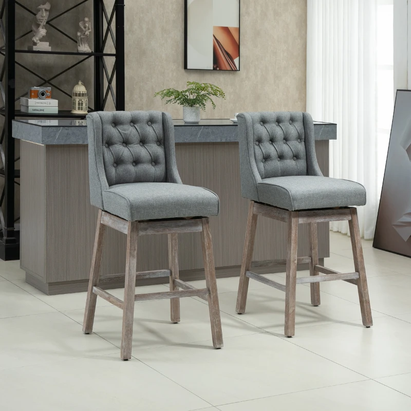 HOMCOM Bar Height Bar Stools Set of 2, 180 Degree Swivel Barstools with Solid Wood Footrests and Button Tufted Design, 30" Seat Height Bar Chairs for Kitchen Island, Gray