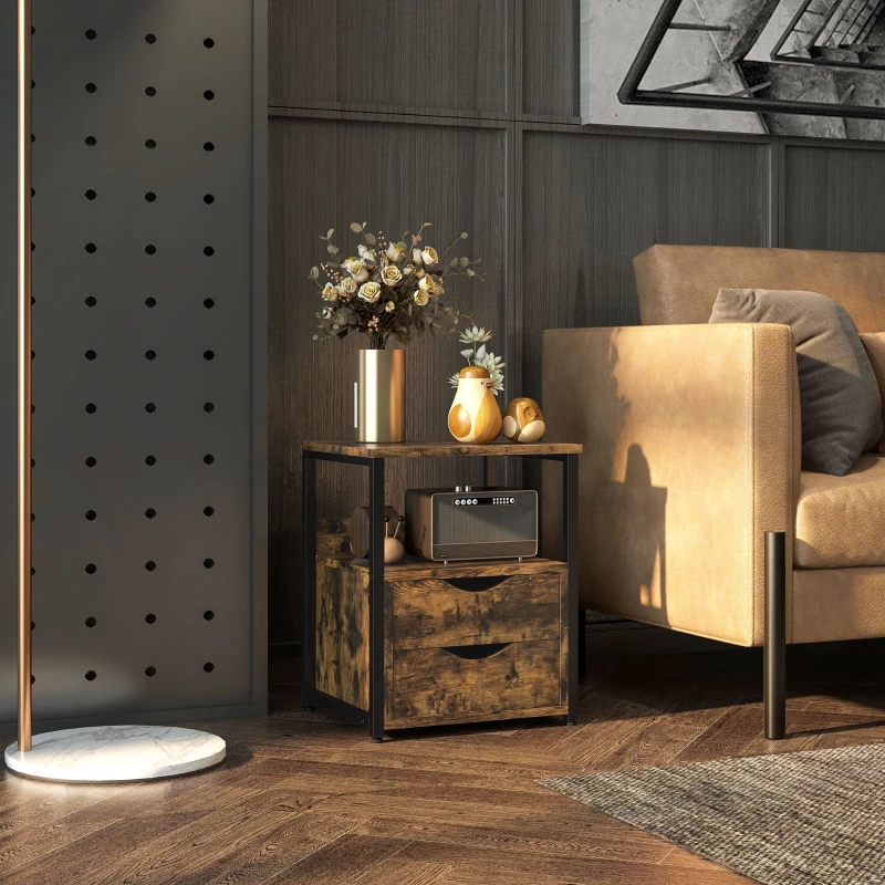 HOMCOM Industrial End Table with 2 Drawers and Open Shelf, Side Table for Living Room, Brown