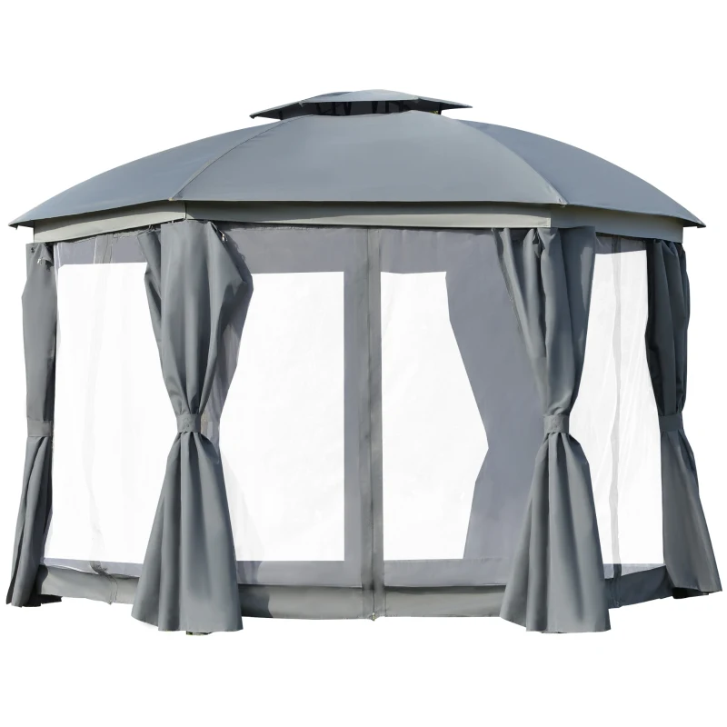 Outsunny 12' x 12' Outdoor Gazebo Canopy, Dome Patio Gazebo Netting Sidewalls and Curtains, Double Vented Roof, Dark Grey