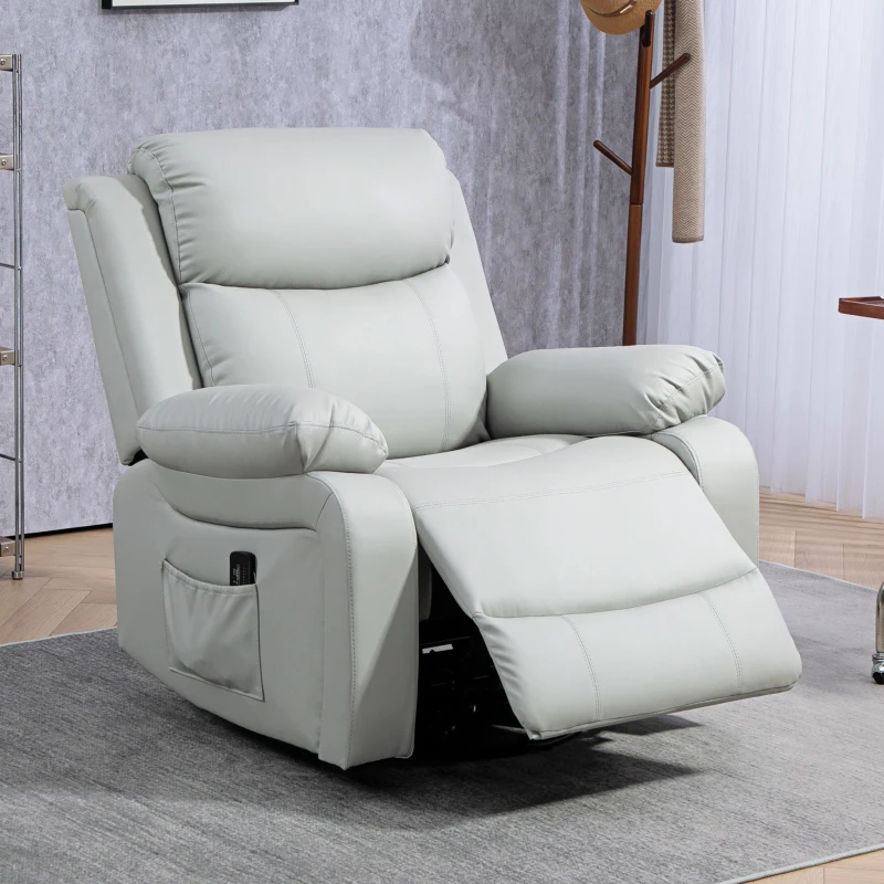 HOMCOM PU Leather Reclining Chair with Vibration Massage Rocker, Swivel Base, Rocking Function, Remote Control, Light Grey