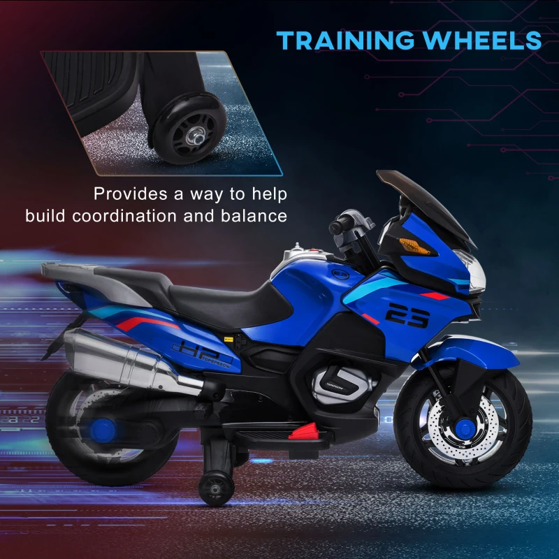 Aosom 12V Kids Electric Motorcycle with Training Wheels, Battery Power Ride on Motorbike, High-Traction at 3.7 Mph Top Speed, with Light Music, Blue