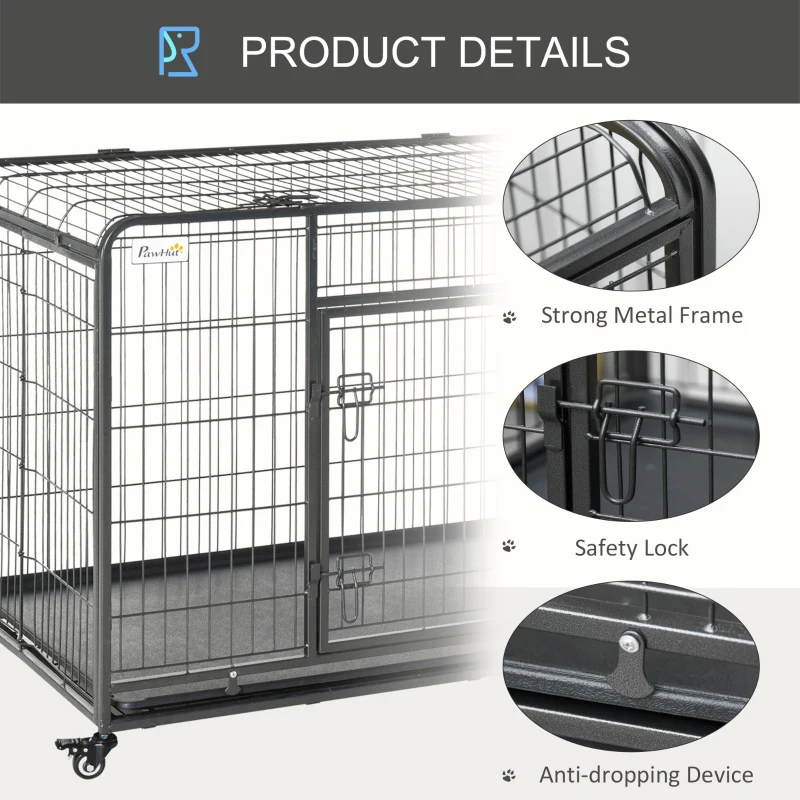 PawHut Folding Dog Crate Heavy Duty Cage for Extra Large Sized Dogs with Double Doors, Lockable Wheels Tray, 49" x 30" x 32"