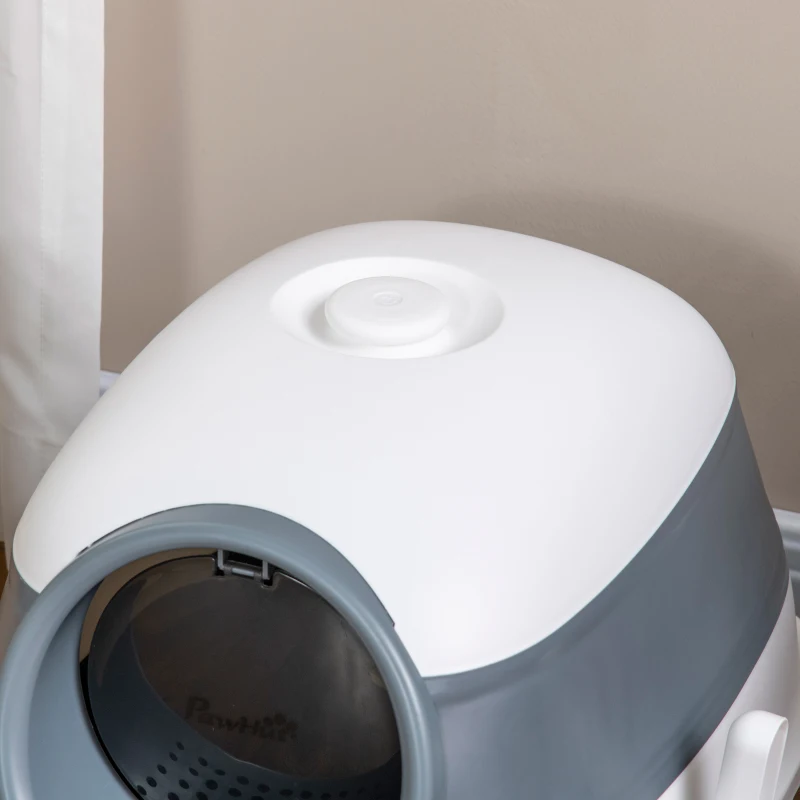 PawHut Dome Covered Cat Litter Box with Lid, White and Gray