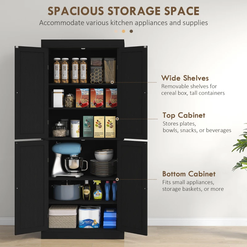 HOMCOM 72" Kitchen Cabinet, Pantry Storage Cabinet with Doors and Shelves, Freestanding Food Pantry Cabinet, Black Wood Grain
