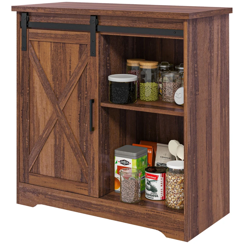 HOMCOM Farmhouse Kitchen Sideboard Buffet Cabinet Coffee Bar Cabinet with Sliding Barn Door and Adjustable Shelf Brown