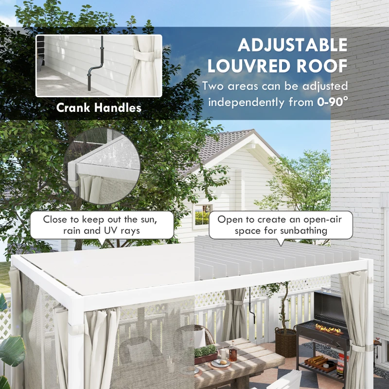 Outsunny 10' x 13' Outdoor Retractable Pergola w/ Sun Shade Aluminum Louvered Top, Pergola w/ Canopy, Curtains, Netting, Cream