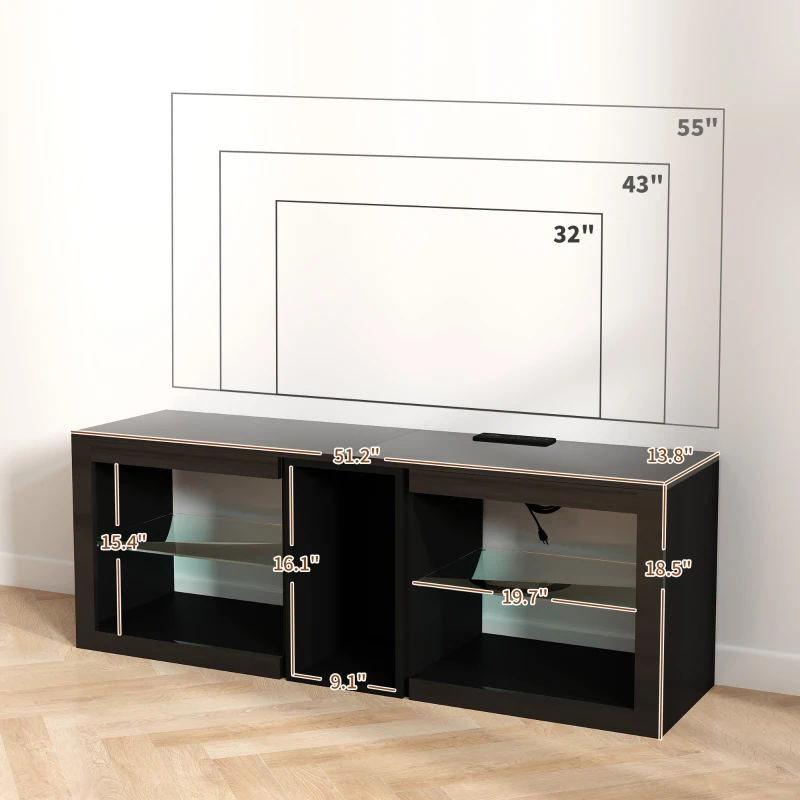 HOMCOM TV Stand Center for 55" with LED Lights and Power Outlets TV Television Cabinet with Adjustable Shelves High Gloss Black