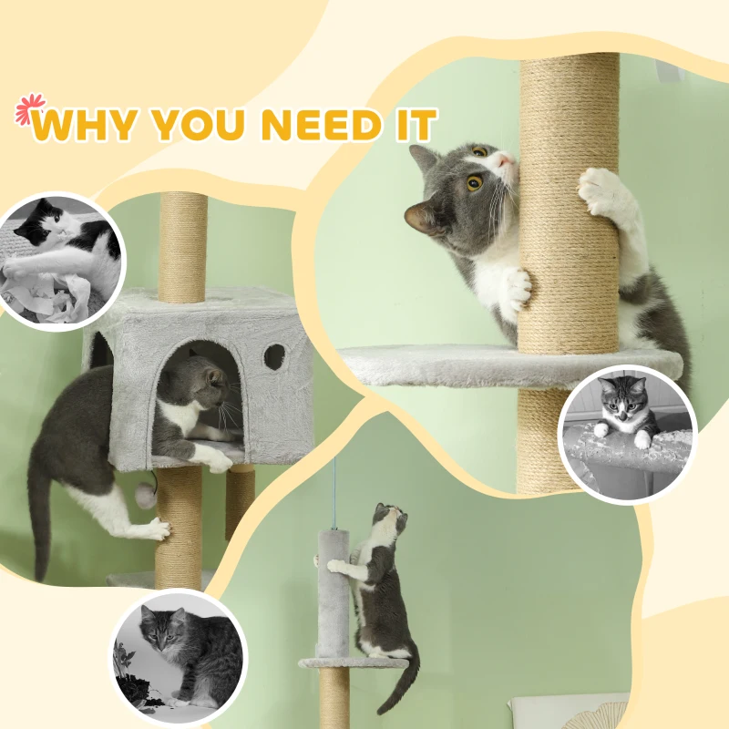PawHut 89"-100" Floor to Ceiling Cat Tree w/ Scratching Post, Cat House, 3-Steps, Hanging Ball, Perches, Light Grey
