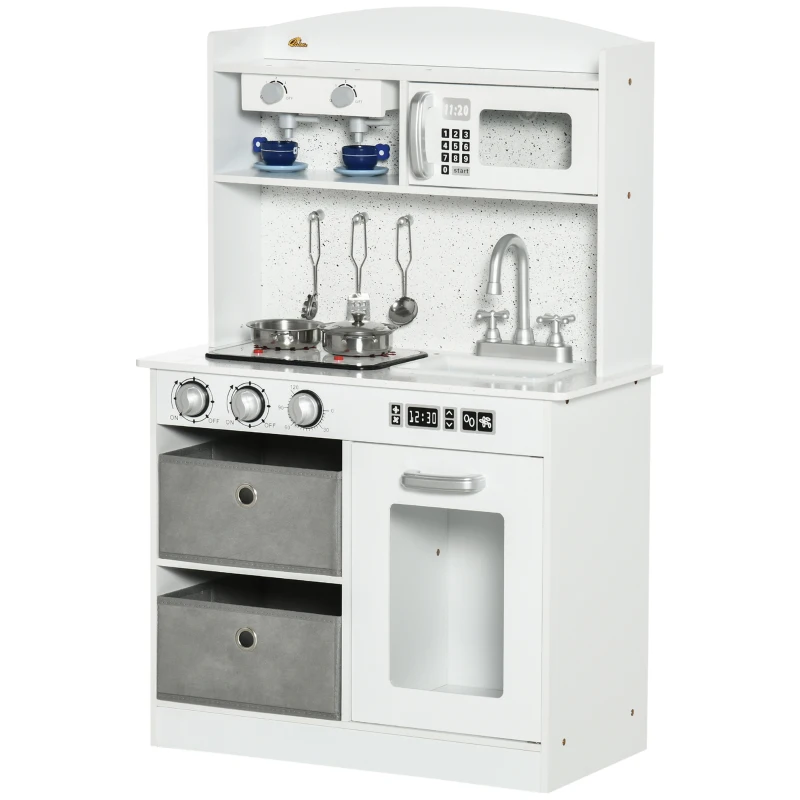 Qaba Wooden Play Kitchen with Easy Toy Organizer Bins, Latte Maker Pretend Play Kitchen Set with Stove Sound Effects, Preschool Imaginative Toy Playset