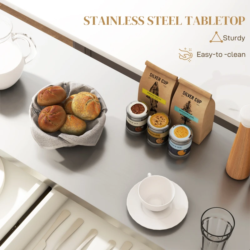 HOMCOM Rolling Kitchen Island with Stainless Steel Top, 2 Drawers, Spice, Knife and Towel Rack and Cabinets, Cream White