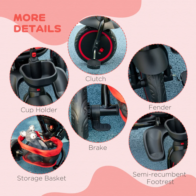 Aosom 6-in-1 Toddler Tricycle for 12-50 Months, Foldable Kids Trike with Adjustable Seat and Push Handle, Safety Harness, Removable Canopy, Footrest, Red