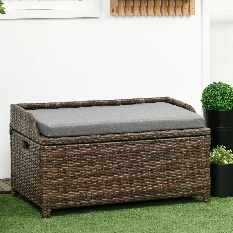 Outsunny 34 Gallon Outdoor Wicker Storage Bench Deck Box, PE Rattan Patio Furniture Pool Storage Bin Container with Interior Waterproof Cloth Bag and Comfortable Cushion, Gray