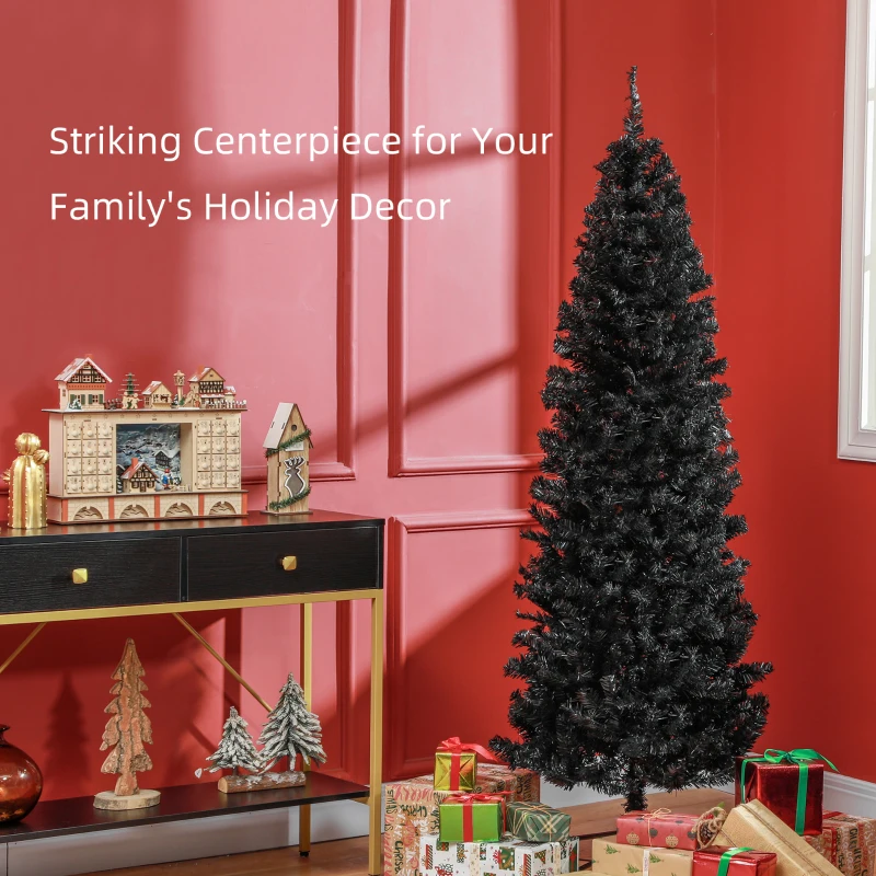 HOMCOM 6FT Pencil Christmas Tree, Artificial Christmas Tree with Automatic Open for Home Party, Black
