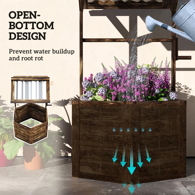 Outsunny Wooden Wishing Well Planter, Raised Garden Bed with Galvanized Canopy, Hexagon Raised Flower Bed for Garden, Tan