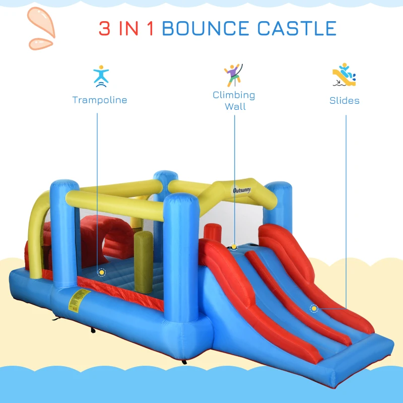 Outsunny Kids Inflatable Bounce House 4-in-1 Jumping Castle with Double Slides, Obstacle Course, Climbing Walls, & Trampoline, 750W Air Blower Included