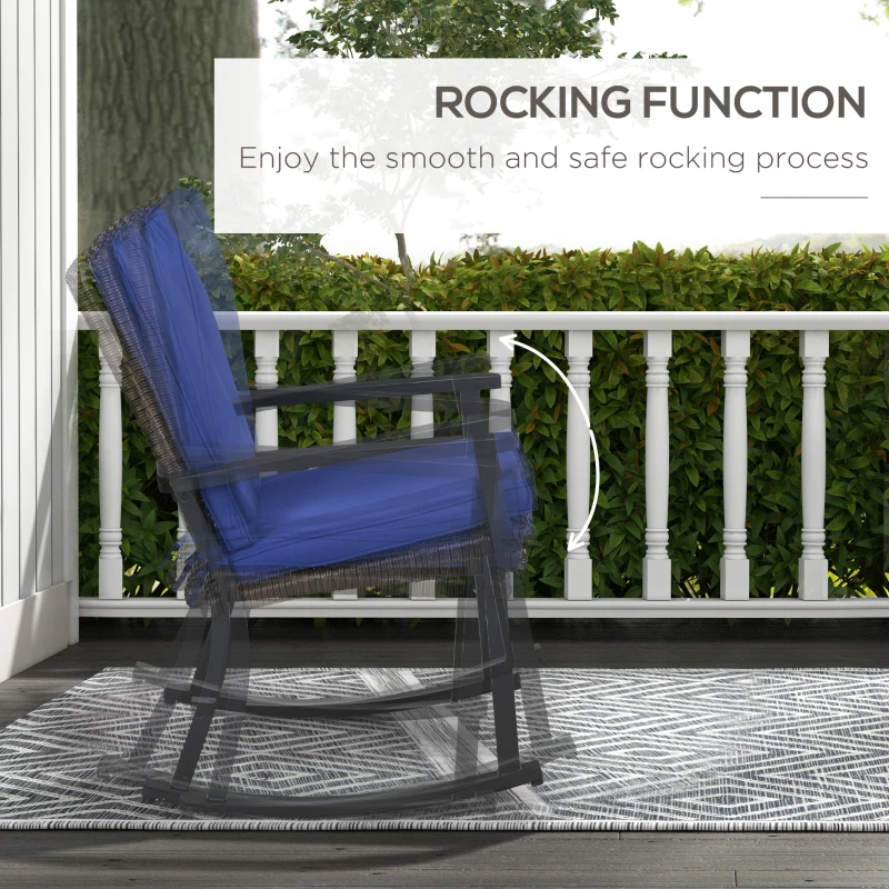 Outsunny Patio Wicker Rocking Chair, Outdoor PE Rattan Rocking Chair with High Back, Armrest, Seat Cushion, Blue