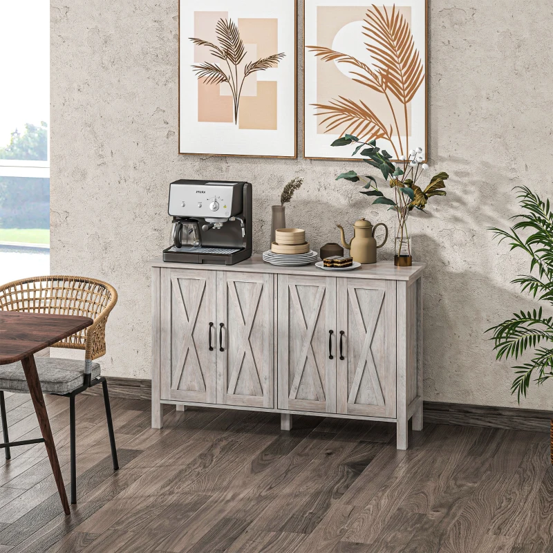 HOMCOM Sideboard Buffet with 4 Barn Doors and 2 Adjustable Shelves, Kitchen Buffet Cabinet for Living Room, Hallway, Gray