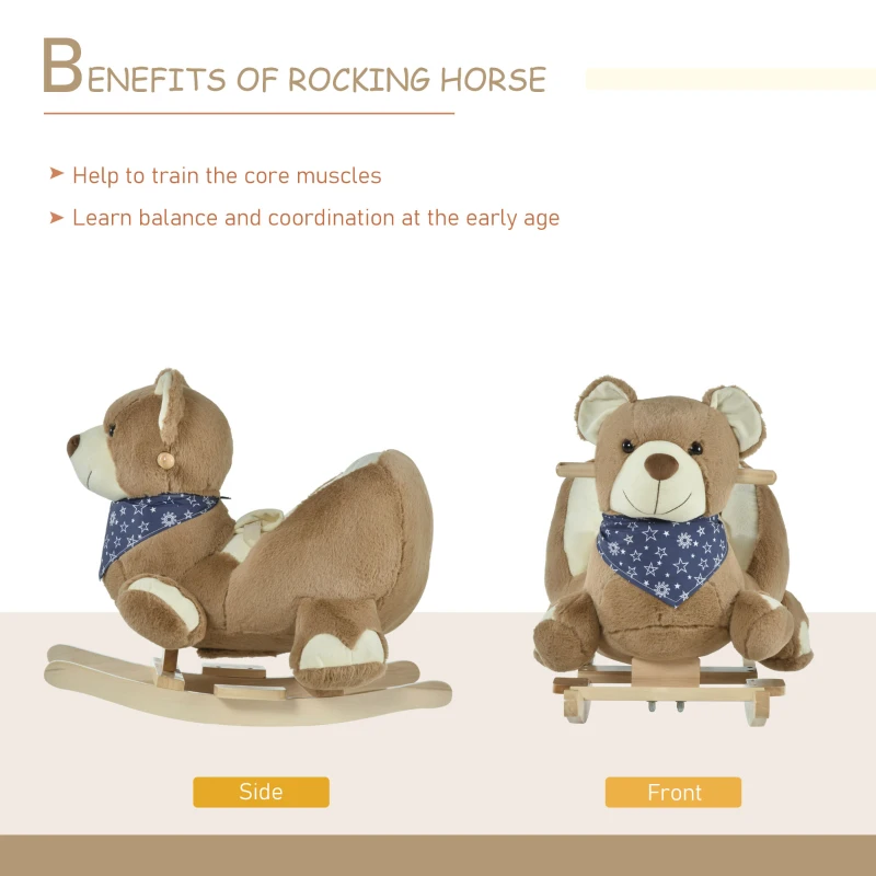 Qaba Baby Rocking Horse Bear Design Plush Stuffed Rocking Chair, Wooden Rocking Horse with Sound, Seat Belt for Boys and Girls Gift, Brown