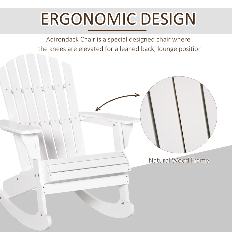 Outsunny Wooden Adirondack Rocking Chair Outdoor Lounge Chair Fire Pit Seating with Slatted Wooden Design, Fanned Back, White