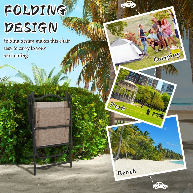 Outsunny 4 Piece Folding Patio Camping Chair Set, Sports Chairs for Adults with Armrests, Mesh Fabric Seat for Lawn, Brown