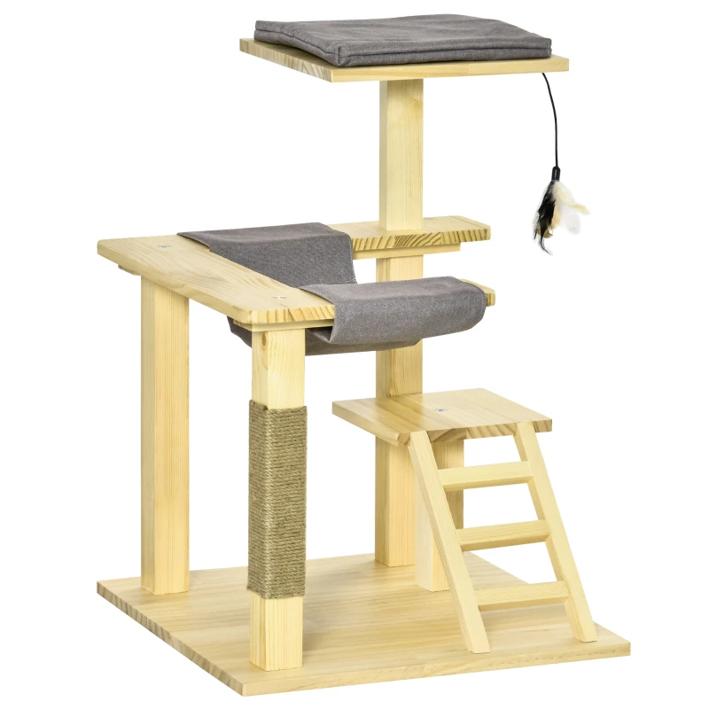 PawHut 25.5" Cat Tree Kitty Activity Center Pinewood Cat Climbing Toy Indoor Outdoor Pet Furniture with Jute Scratching Post Bed Perch Hanging Toy Ladder Cushion Natural