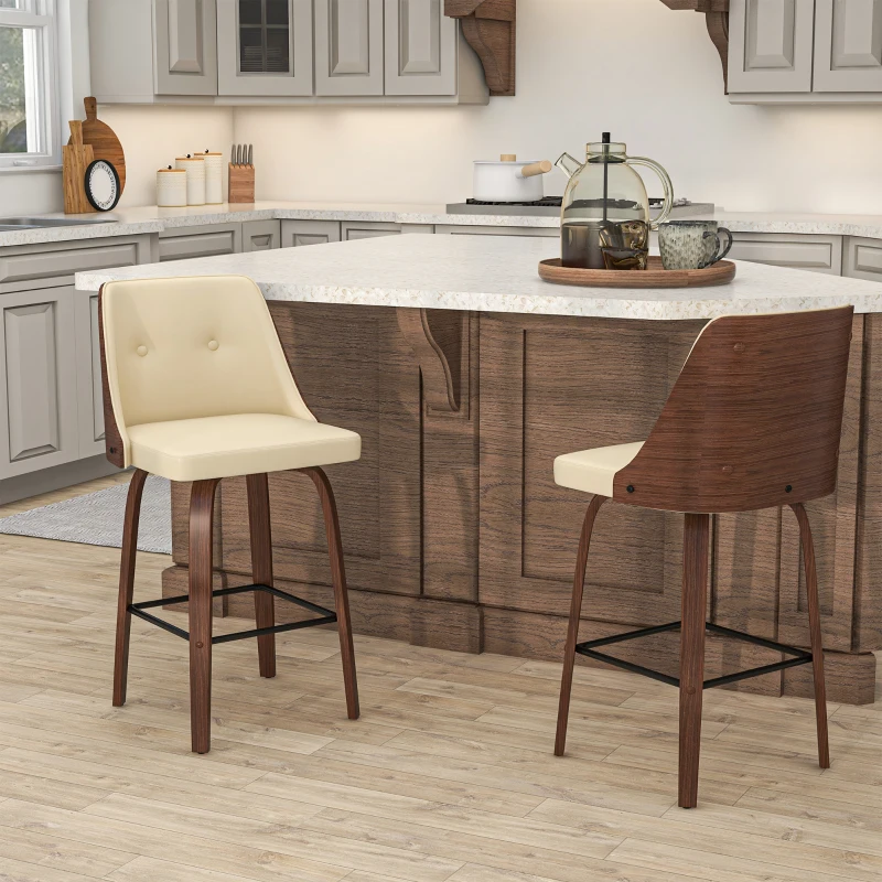 HOMCOM Bar Height Bar Stools Set of 2 PU Leather Upholstered Swivel Barstools with Solid Wood Legs Footrest and Tufted Back, Beige