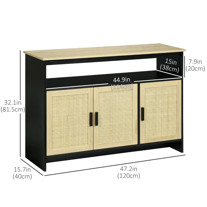 HOMCOM Kitchen Sideboard Cabinet with 3 Rattan Doors, Adjustable Shelves and Handles for Living Room, Hallway, Natural