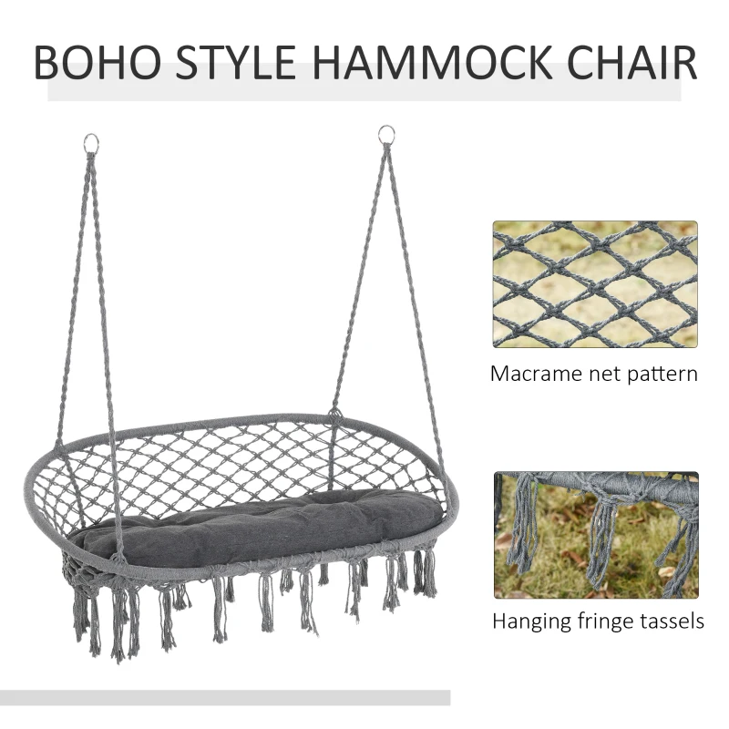 Outsunny Patio Hammock Chair 2 Seat, Hanging Rope Hammock Swing Chair with Metal Frame and Cushion, Large Macrame Seat for Indoor and Outdoor 396 lbs Capacity, Dark Grey