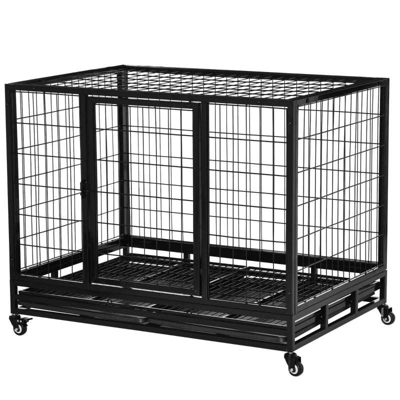 PawHut Heavy Duty Dog Crate Cage for Large Dogs Cats with Two Doors, Lockable Wheels, Removable Tray, 43" x 30" x 32''