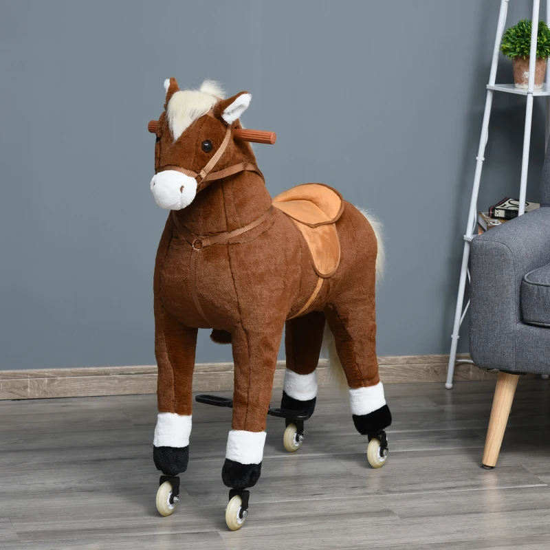 Qaba Kids Rocking Horse Walking Horse with Wheels, Large Size Moving Hobby Horse Ride on Toy Gift for Children 5-16 Years