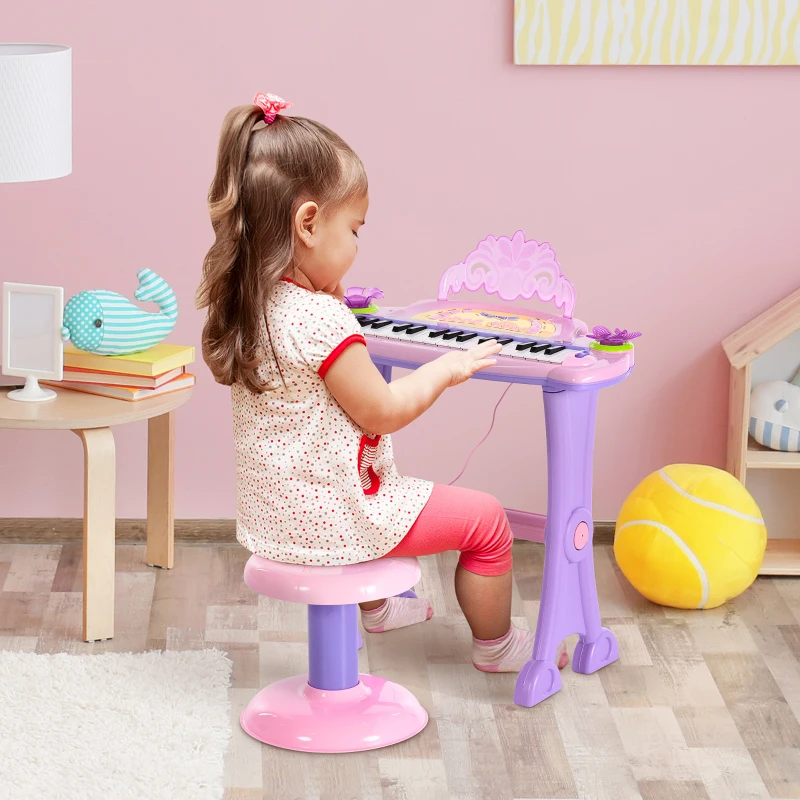 Qaba Kids Piano Electronic Keyboard Instrument with Microphone and Stool 32 Keys Musical Toy Organ Educational Gift for Children Pink