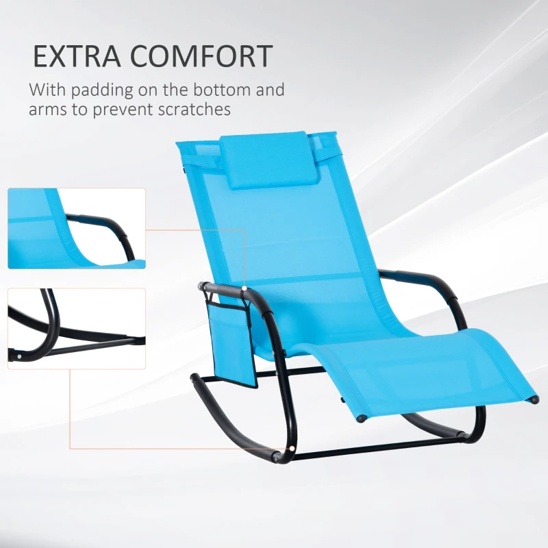 Outsunny Outdoor Rocking Chair, Chaise Lounge Pool Chair for Sun Tanning, Sunbathing, a Rocker with Side Pocket, Armrests & Pillow for Patio, Lawn, Beach, Blue