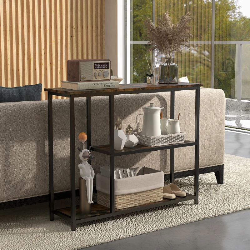 HOMCOM 39" Console Table, Entryway Table with 2 Storage Shelves, Steel Frame, Narrow Sofa Table for Living Room, Brown