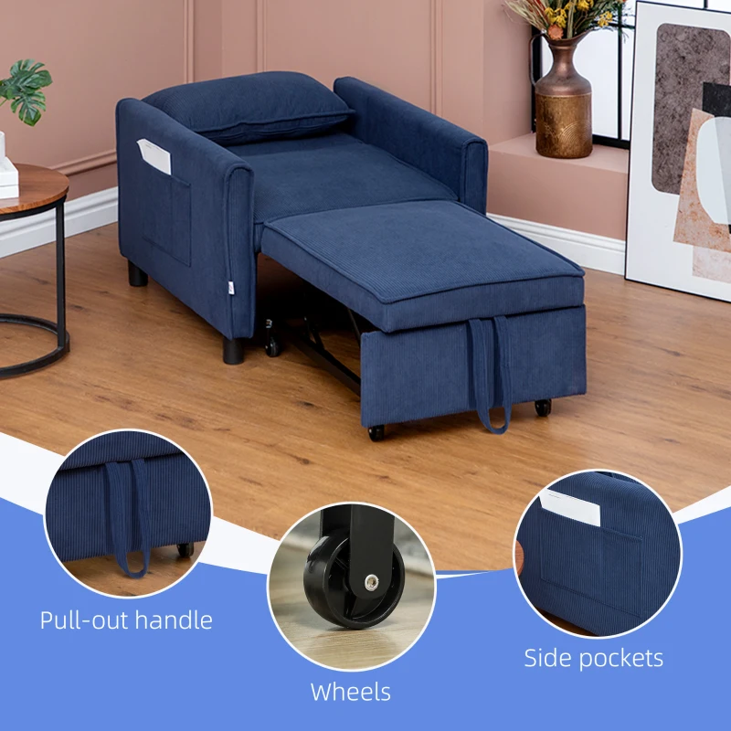 HOMCOM 3-in-1 Convertible Chair Bed, Pull Out Sofa Bed Sleeper Chair with Adjustable Backrest, Pillow, and Pockets, Blue