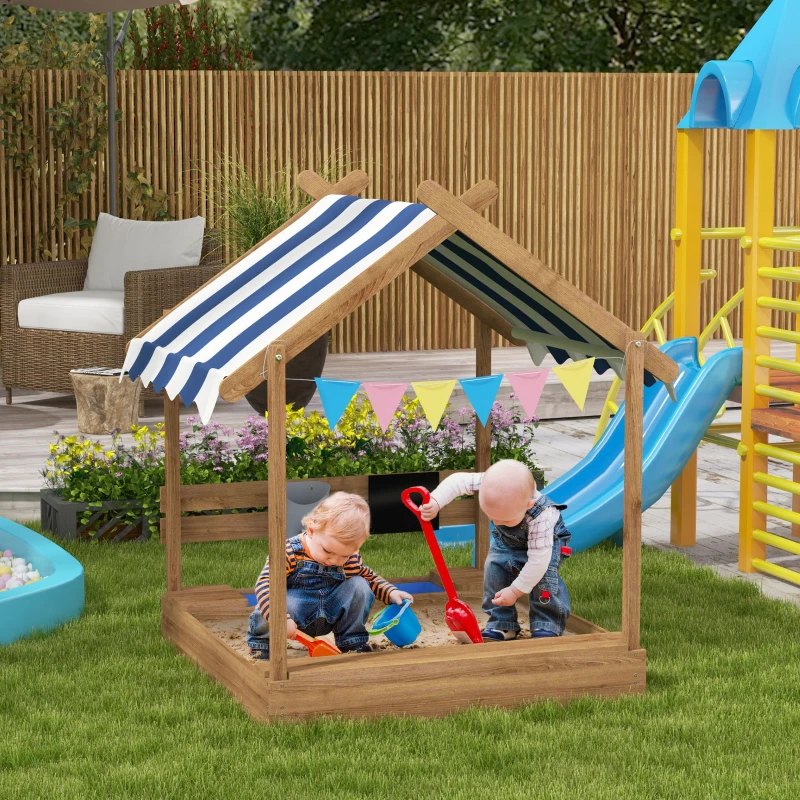 Outsunny Wooden Sandbox with Canopy, House Design for 3-7 Years Old, Brown