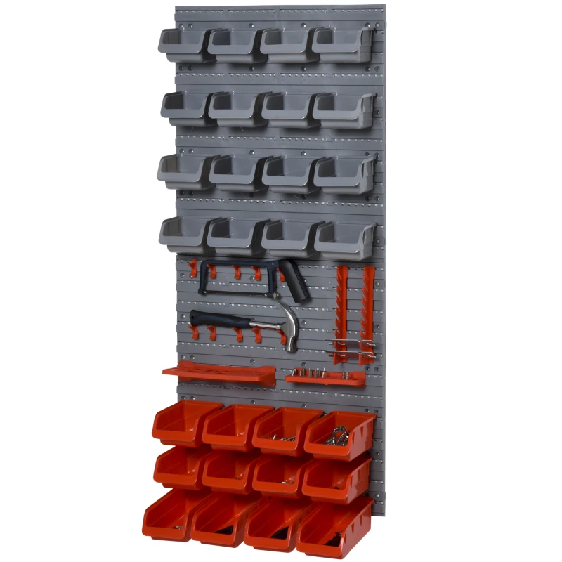 DURHAND 44 PCS Wall Mounted Pegboard Tool Organizer Rack Kit with Various Sized Storage Bins, Pegboard and Hooks, Red