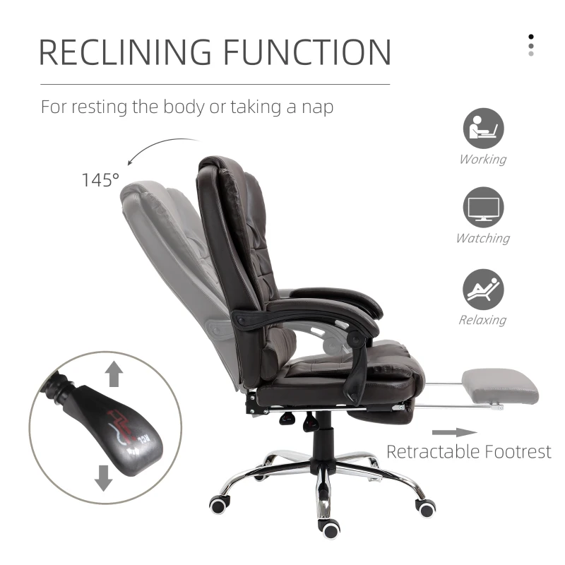 HOMCOM High Back Office Chair PU Leather Executive Office Chair with Retractable Footrest Padded Armrest Coffee