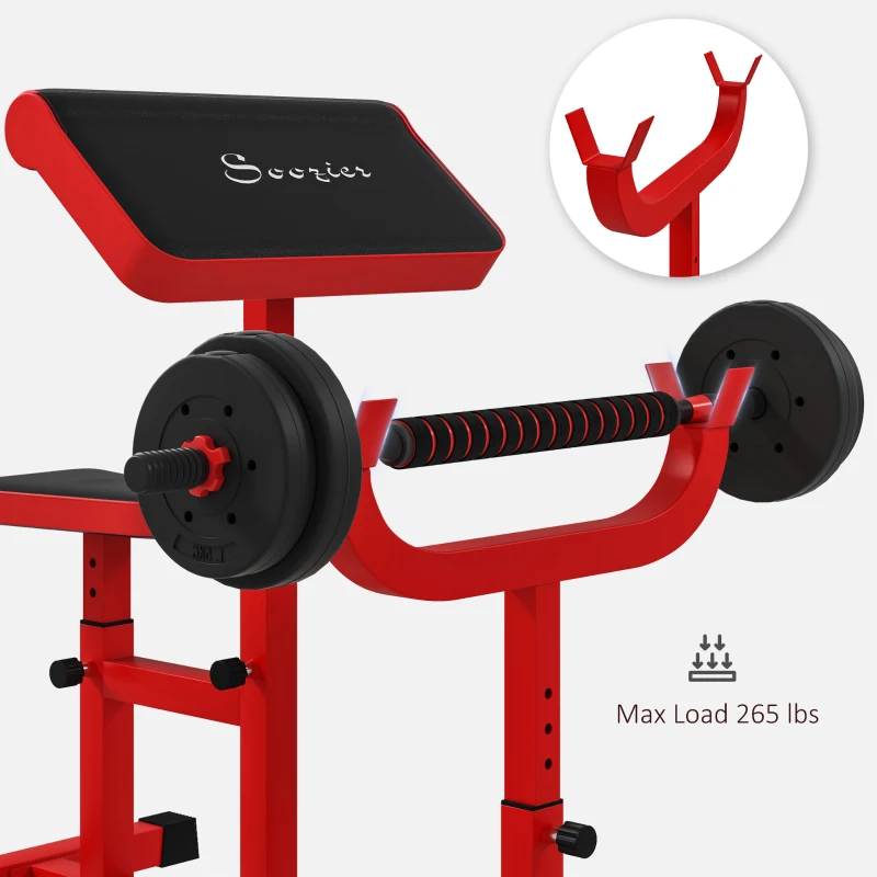 Soozier 265 LBS Preacher Curl Bench for Strength Training, Adjustable Seated Arm Isolated Barbell Dumbbell Bicep Station, Red
