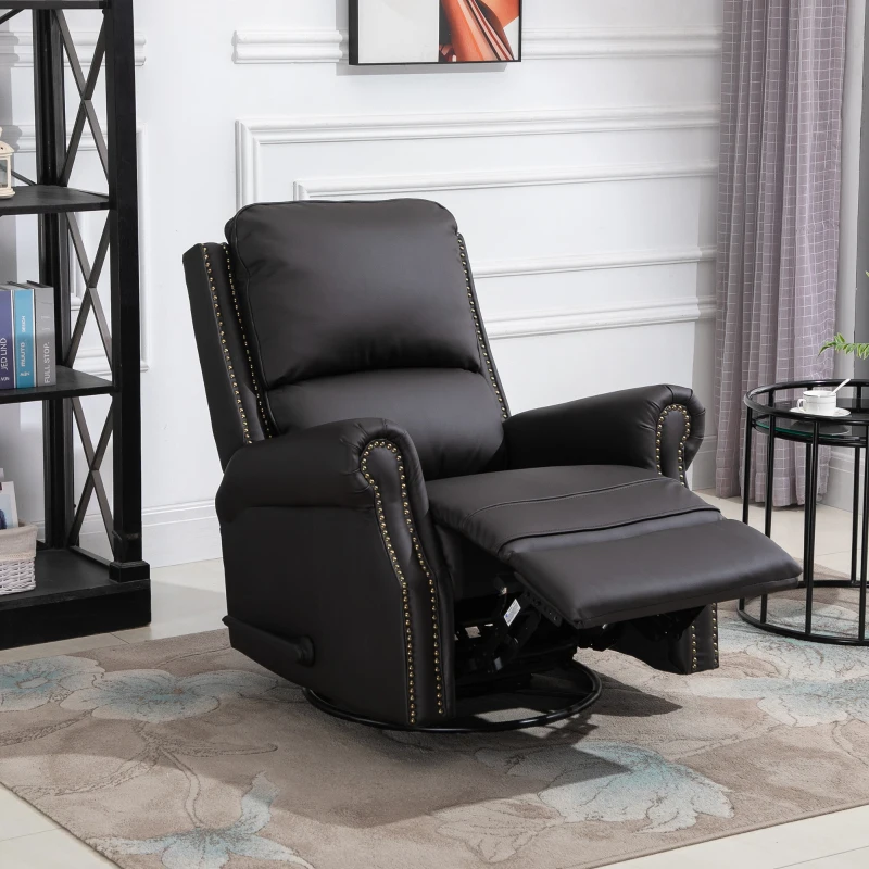 HOMCOM Manual Recliner Chair PU Leather Office Home Theater Single Sofa with Arm, Footrest, Nailhead Trim Padded Seat, 360° Swivel and Rocking Function for Living Room Bedroom Brown