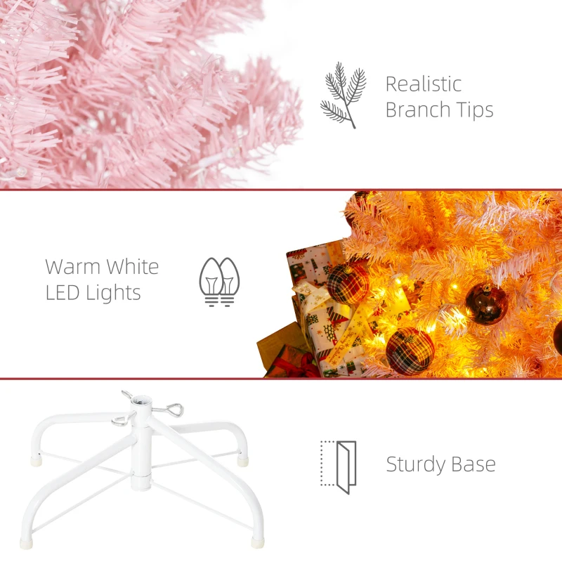 HOMCOM 6 FT Tall PreLit Artificial Christmas Tree with Realistic Branches, 250 Warm White LED Lights and 1000 Tips, Pink