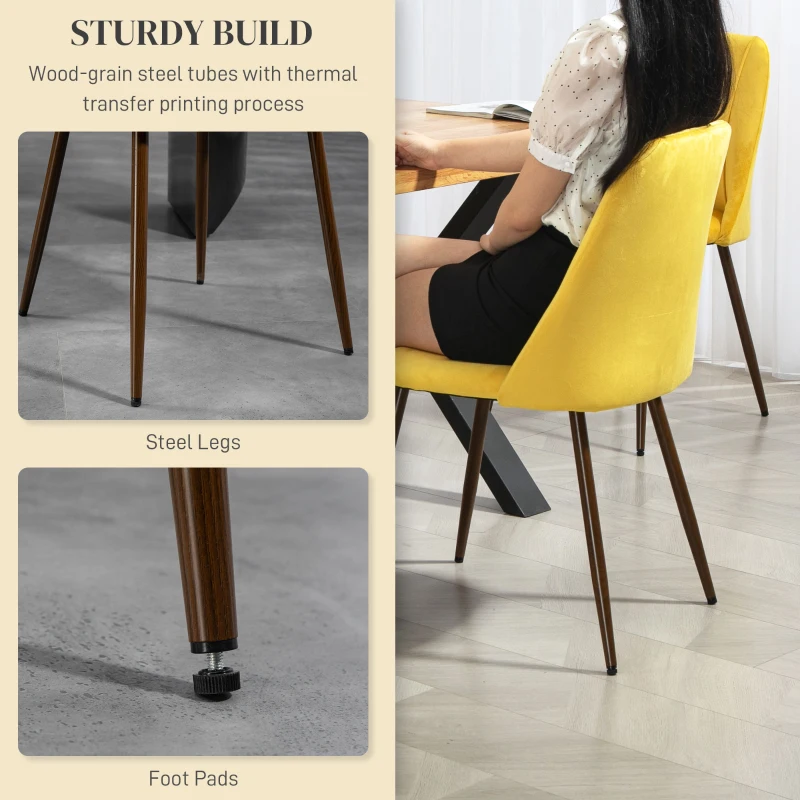 HOMCOM Upholstered Dining Chairs Set of 4, Velvet Accent Chair with Back and Wood-grain Steel Leg for Kitchen, Yellow