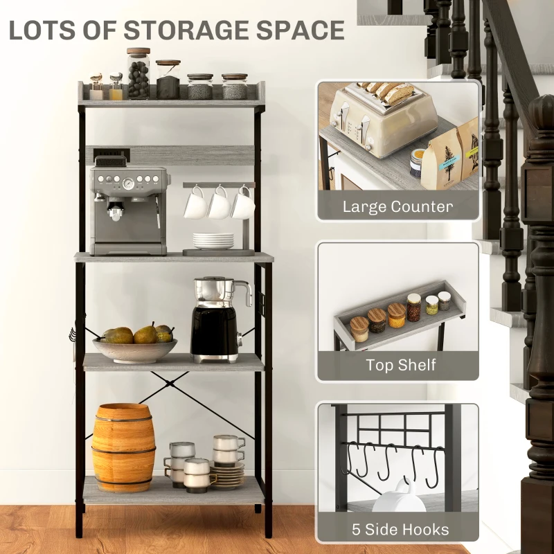 HOMCOM Kitchen Baker's Rack with Power Outlet, Coffee Bar Station with Adjustable Shelves and Hooks, Distressed Grey