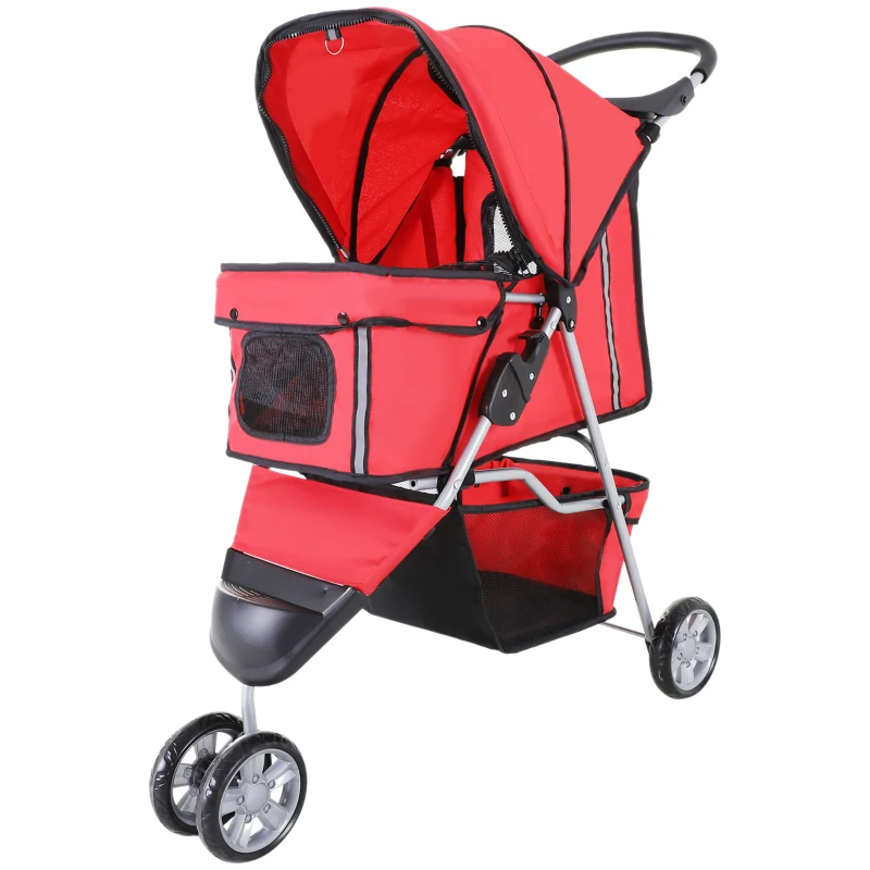 PawHut 3 Wheels Foldable Dog Stroller with Storage Basket, Adjustable Canopy, Cupholder for Miniature and Small Dogs, Red