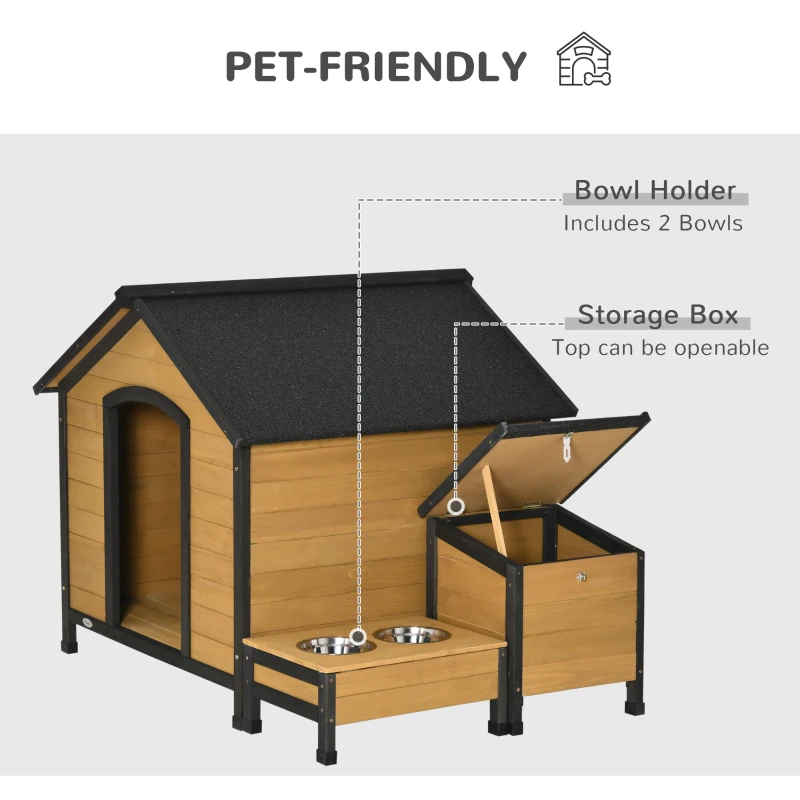 PawHut Wooden Outdoor Dog House, Cabin-Style Pet House with Feeding Bowls, Asphalt Roof, Storage Box for Dogs Up To 66 Lbs., Natural