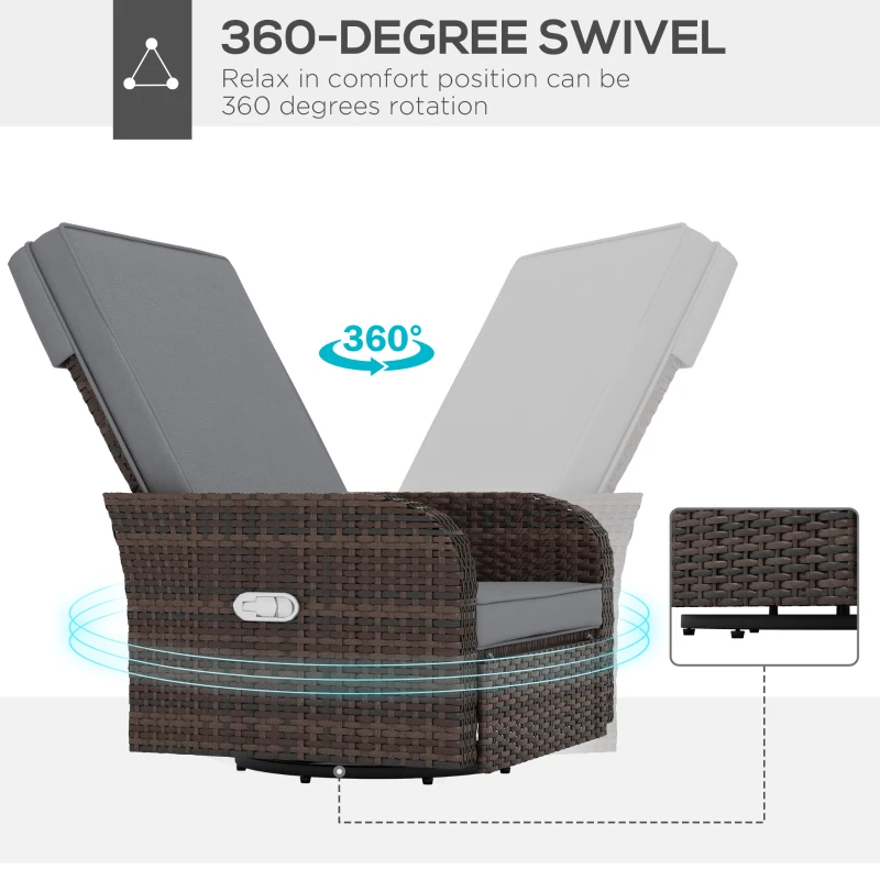 Outsunny Wicker Swivel Chair w/ Cushion, Patio Recliner Chair, Grey